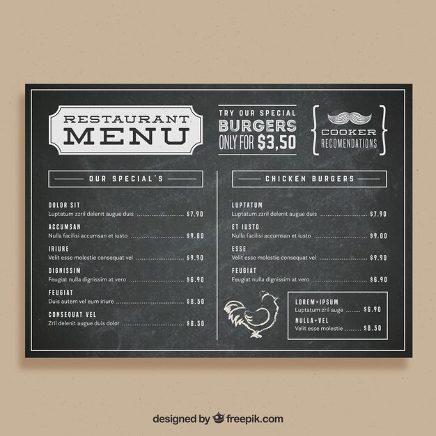Plantilla de menú en estilo de pizarra para un restaurante