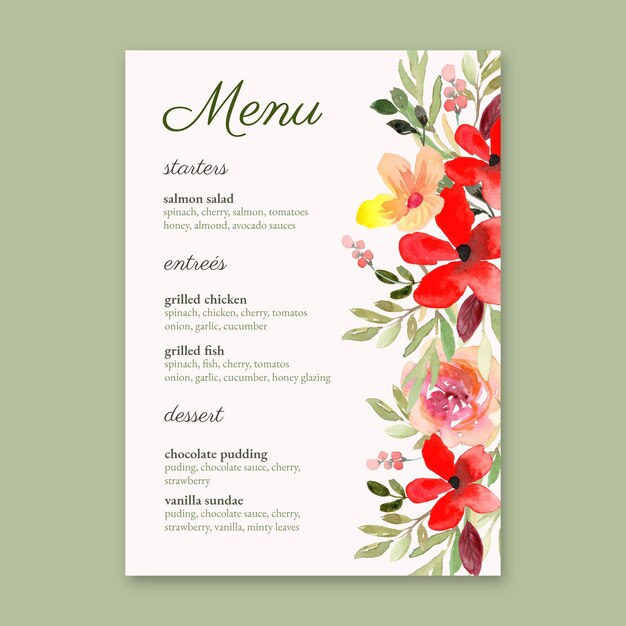 Plantilla de menú floral acuarela