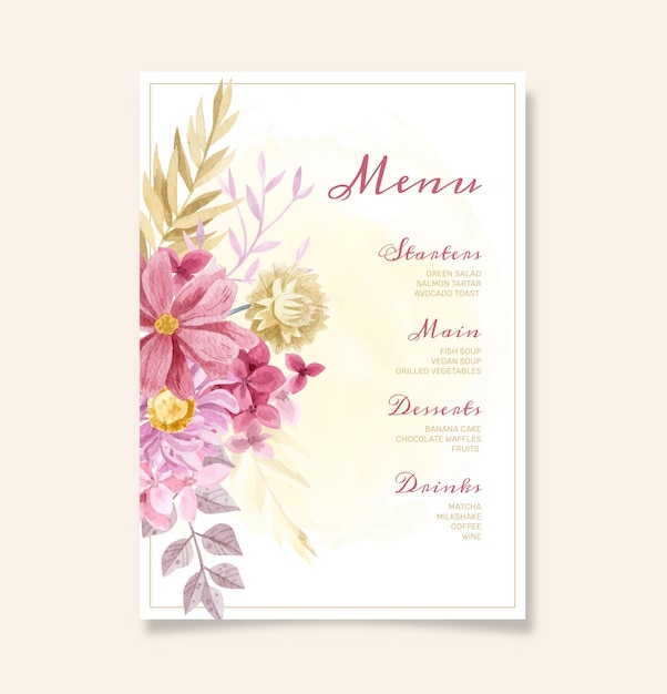 Vector gratuito plantilla de menú floral acuarela