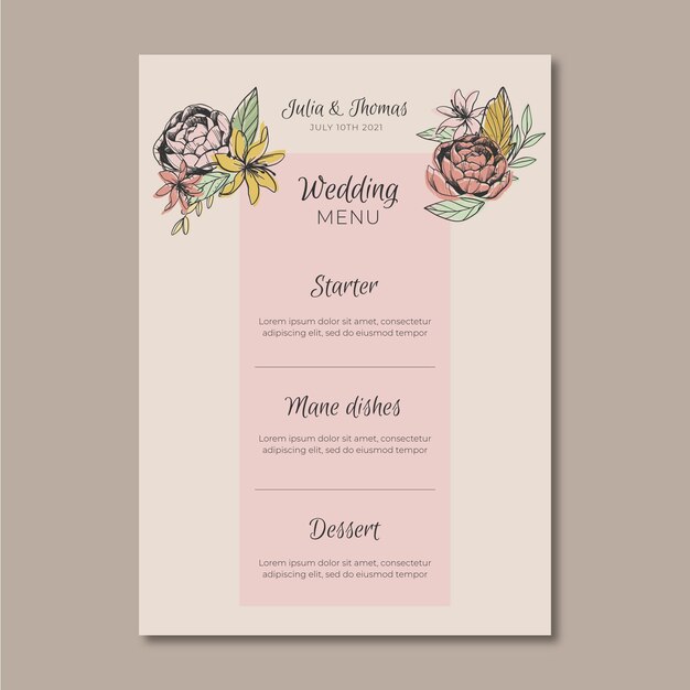 Plantilla de menú con flores para boda
