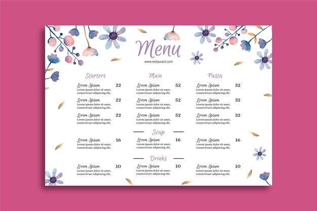 Plantilla de menú de flores en flor en acuarela