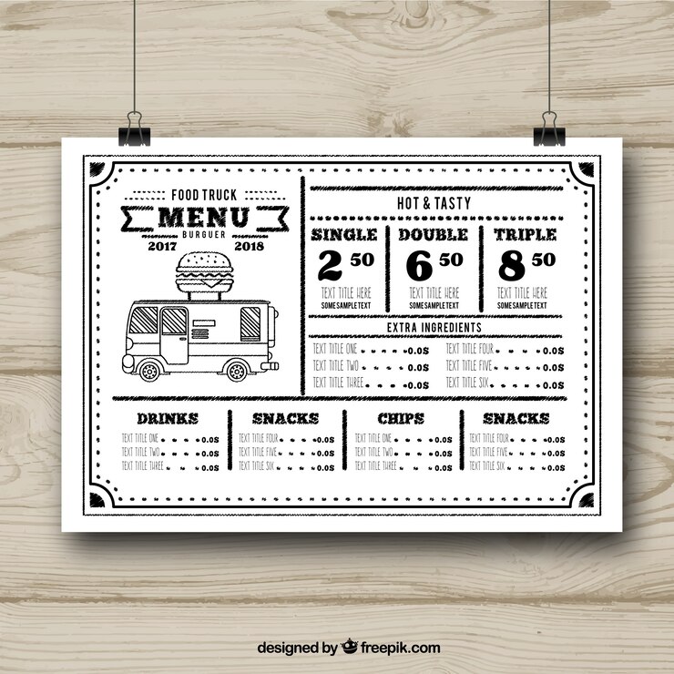 Vector gratuito plantilla de menú de food truck en blanco y negro
