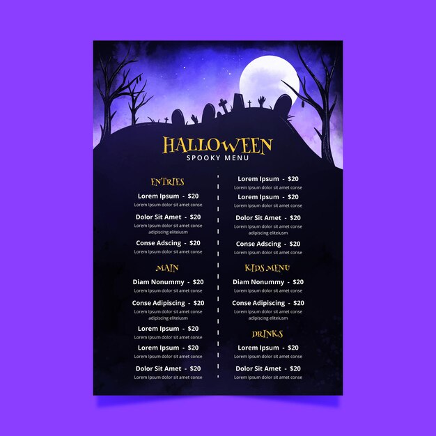 Plantilla de menú de halloween en acuarela