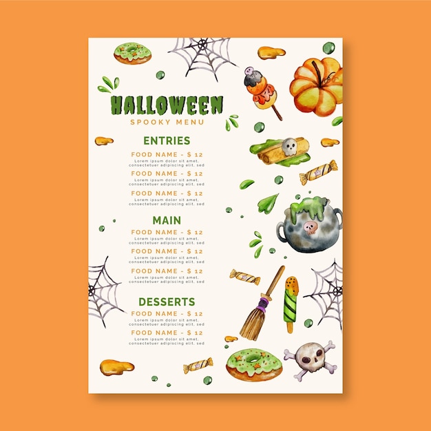 Plantilla de menú de halloween en acuarela