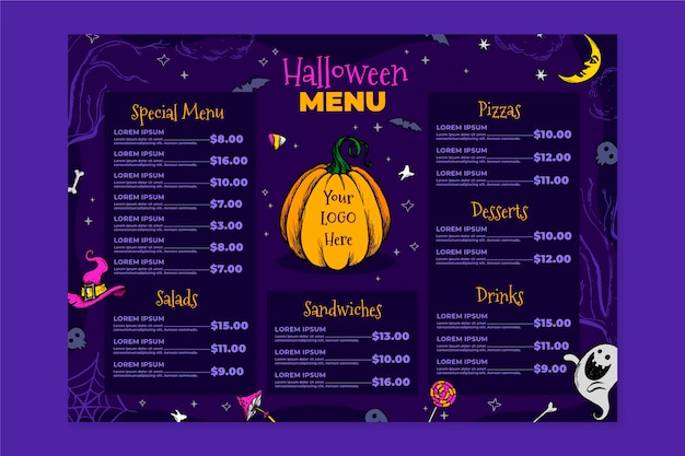 Vector gratuito plantilla de menú de halloween dibujada a mano