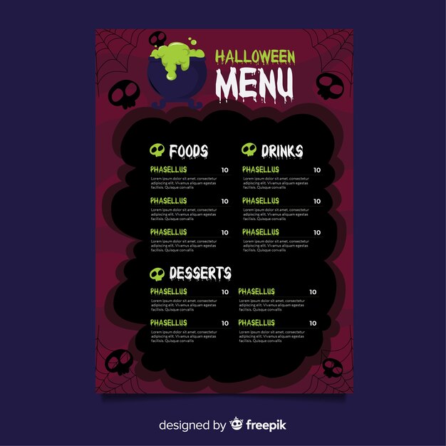 Plantilla de menú de halloween con diseño plano
