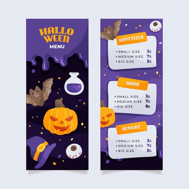 Vector gratuito plantilla de menú de halloween de diseño plano