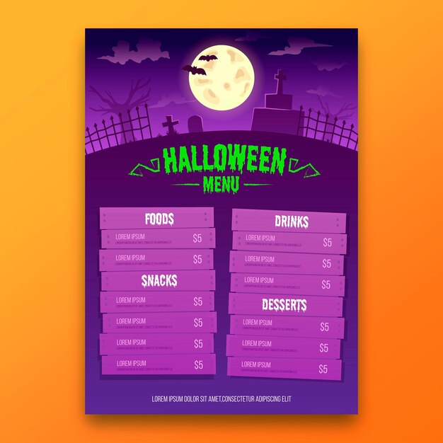 Vector gratuito plantilla de menú de halloween de diseño plano