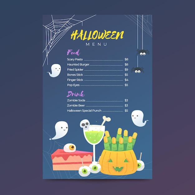 Plantilla de menú de halloween de diseño plano