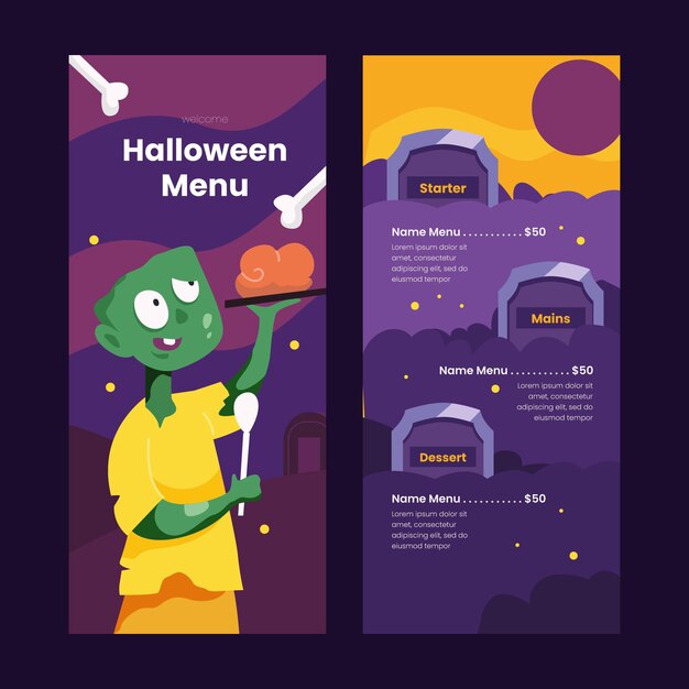 Plantilla de menú de halloween de diseño plano