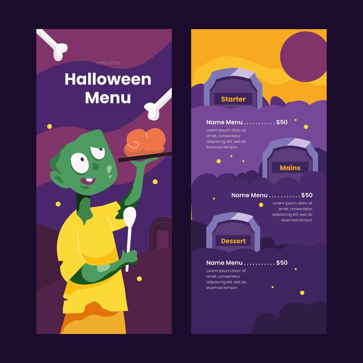 Vector gratuito plantilla de menú de halloween de diseño plano