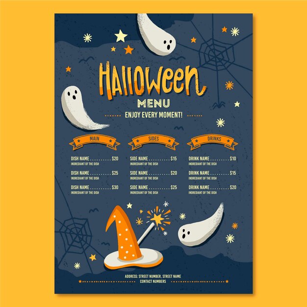 Plantilla de menú de Halloween con ilustraciones espeluznantes