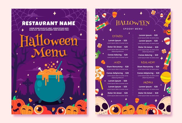 Plantilla de menú de halloween plana dibujada a mano