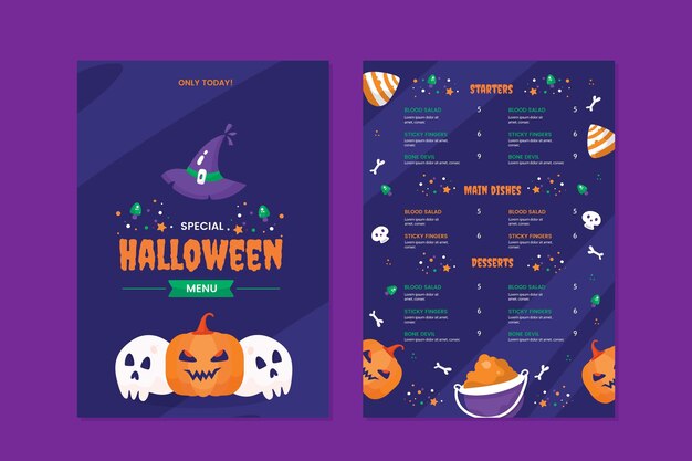 Plantilla de menú de halloween plana dibujada a mano