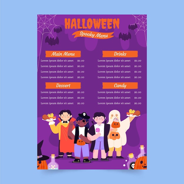 Vector gratuito plantilla de menú de halloween plana dibujada a mano