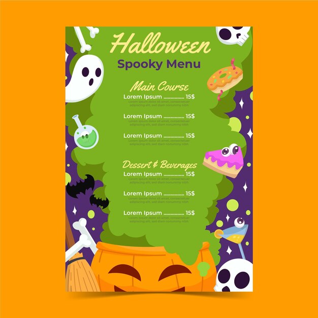 Plantilla de menú de halloween plana dibujada a mano