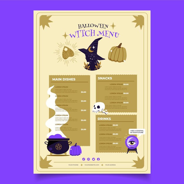 Plantilla de menú de halloween plana dibujada a mano