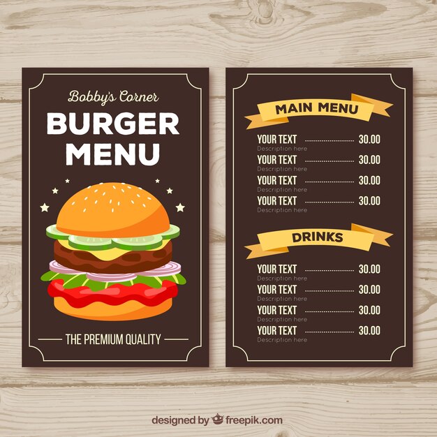 Plantilla de menú de hamburguesas con cintas naranjas