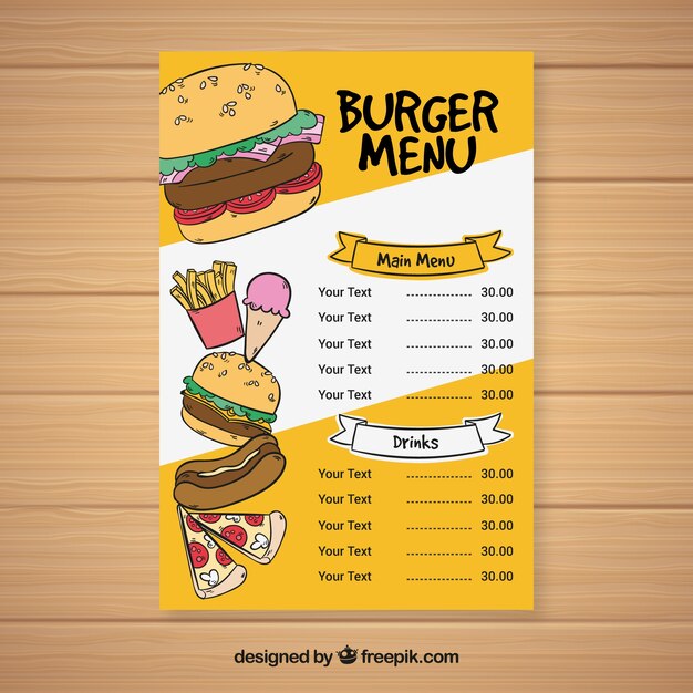 Plantilla de menú de hamburguesas dibujada a mano