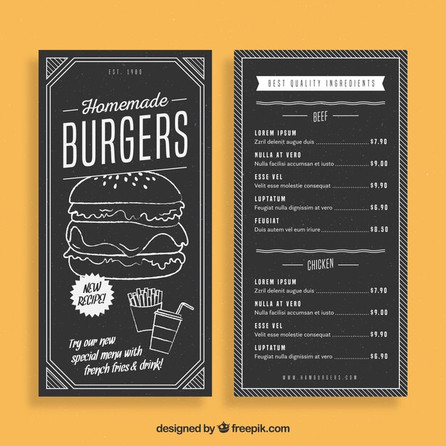 Plantilla de menu de hamburguesas dibujada a mano 