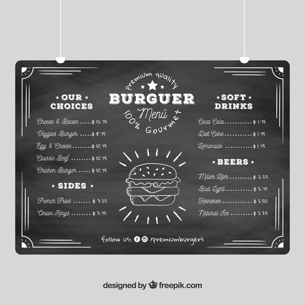 Plantilla de menú de hamburguesas en estilo de pizarra
