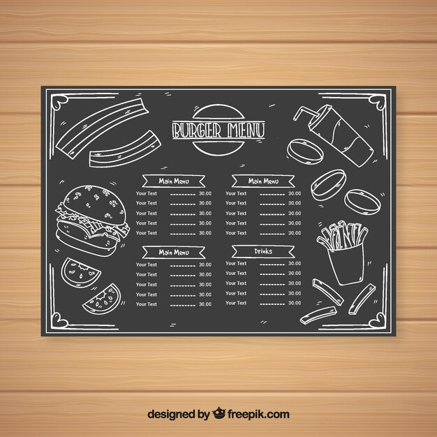 Plantilla de menú de hamburguesas en estilo de pizarra