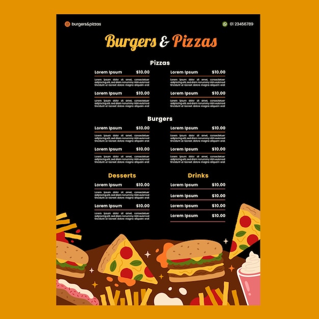 Vector gratuito plantilla de menú de hamburguesas y pizza