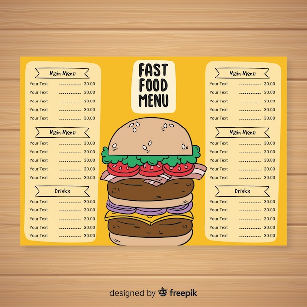 Plantilla de menú de hamburguesería dibujada a mano