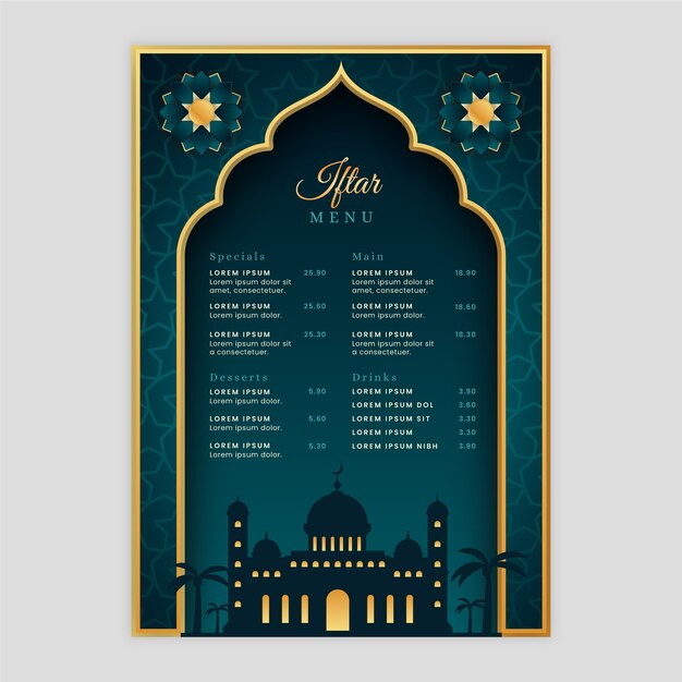 Plantilla de menú iftar degradado