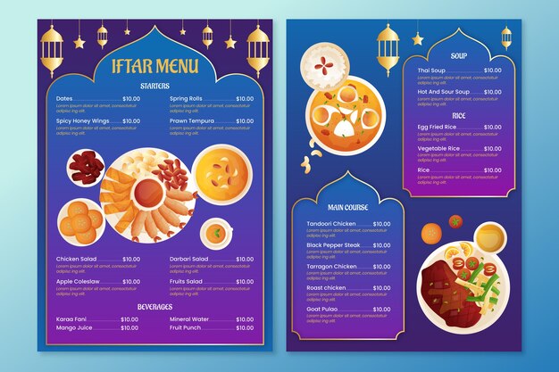 Vector gratuito plantilla de menú iftar degradado