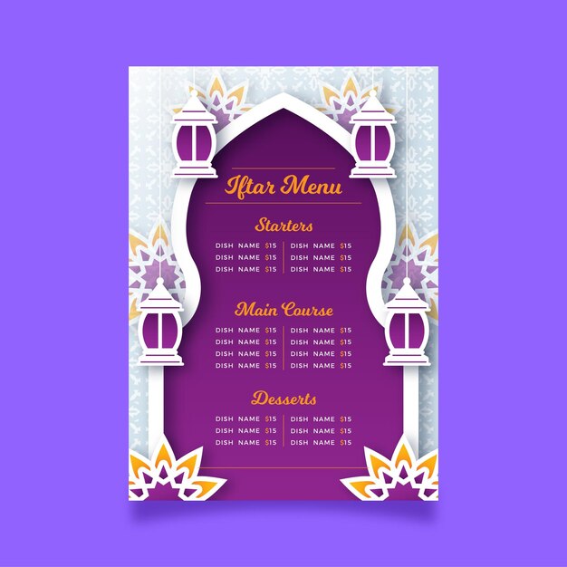 Plantilla de menú iftar en estilo papel