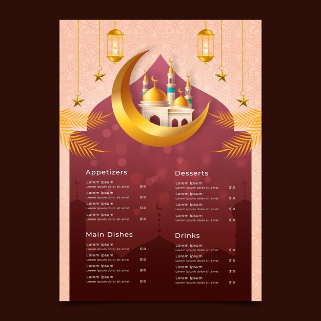 Plantilla de menú iftar realista para la celebración del ramadán islámico