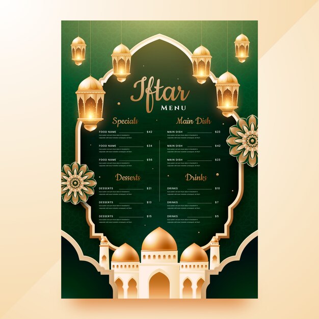 Plantilla de menú iftar realista para la celebración del ramadán