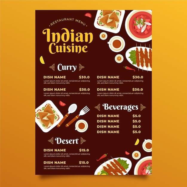 Plantilla de menú indio de diseño plano