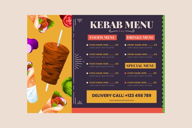 Plantilla de menú de kebab de diseño plano