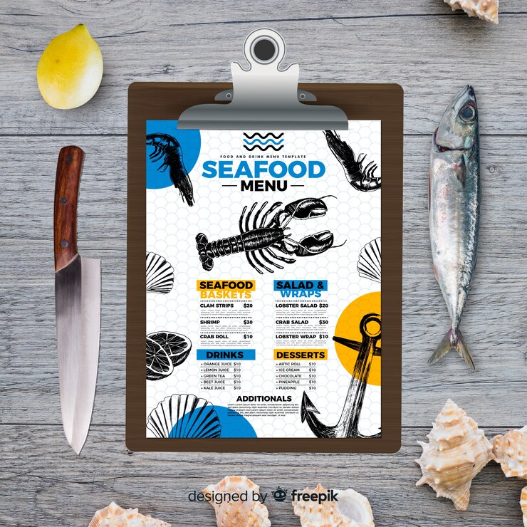 Vector gratuito plantilla de menú de mariscos en estilo vintage
