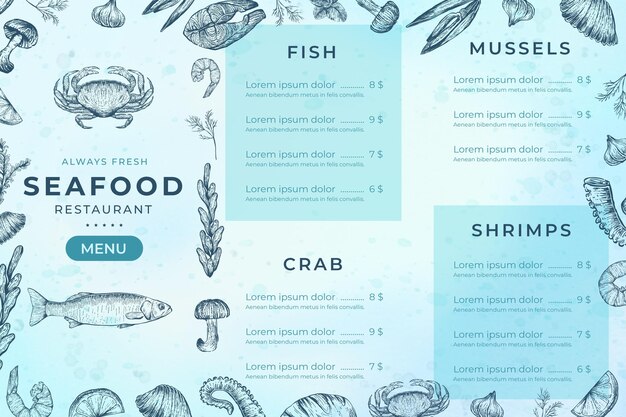 Plantilla de menú de mariscos