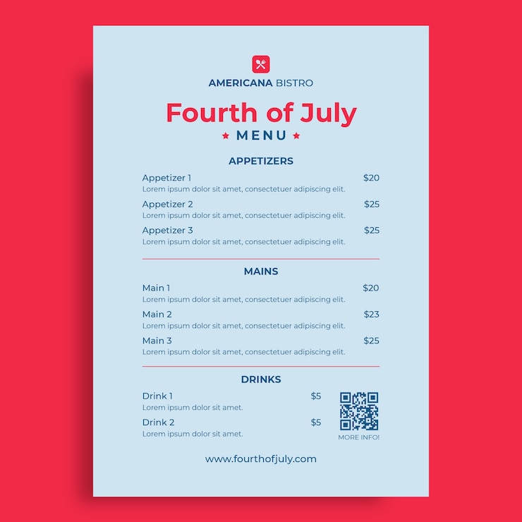 Vector gratuito plantilla de menú minimalista duotono americana bistro cuatro de julio