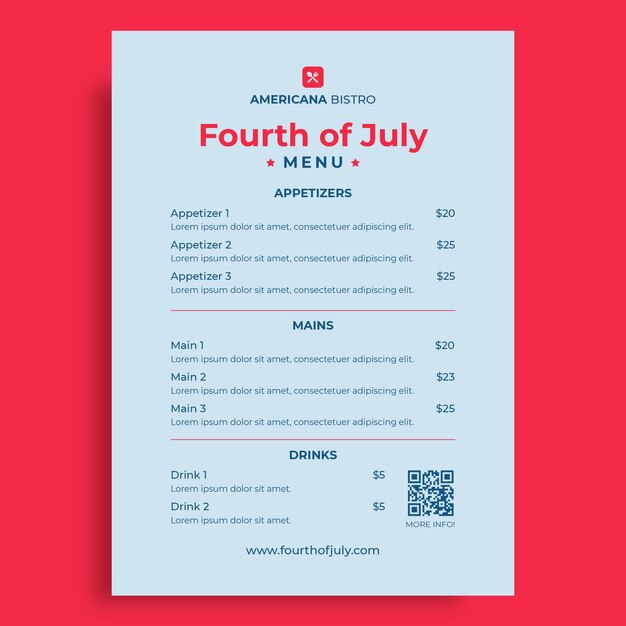 Plantilla de menú minimalista duotono americana bistro cuatro de julio