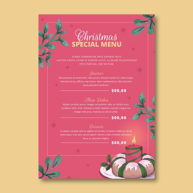 Plantilla de menú de navidad acuarela