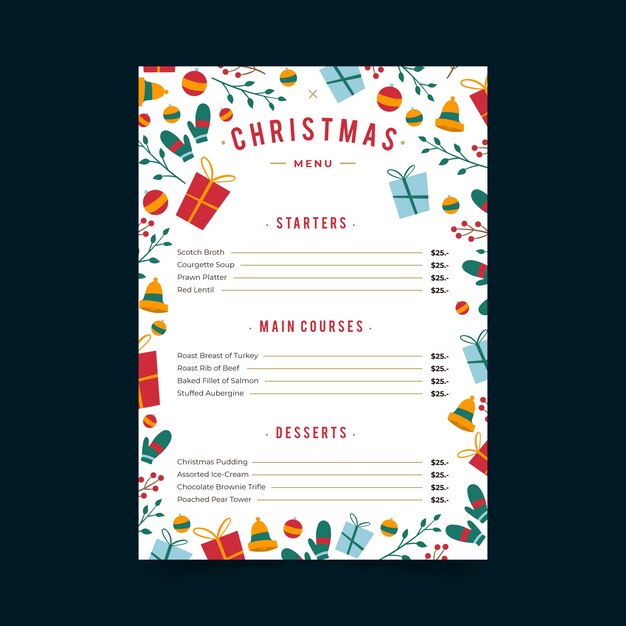 Plantilla de menú de navidad dibujada a mano