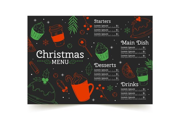 Plantilla de menú de navidad dibujada a mano