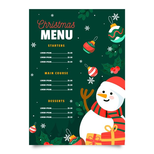 Plantilla de menú de navidad dibujada a mano