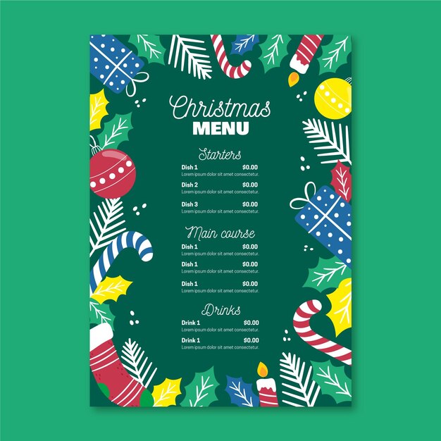 Plantilla de menú de navidad dibujada a mano