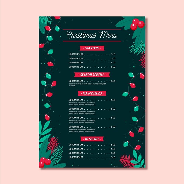 Plantilla de menú de navidad dibujada a mano