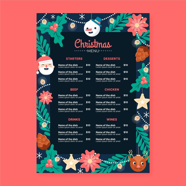 Plantilla de menú de navidad dibujada a mano