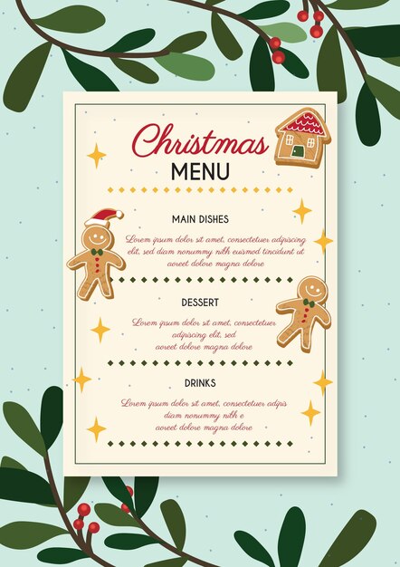 Plantilla de menú de navidad dibujada a mano