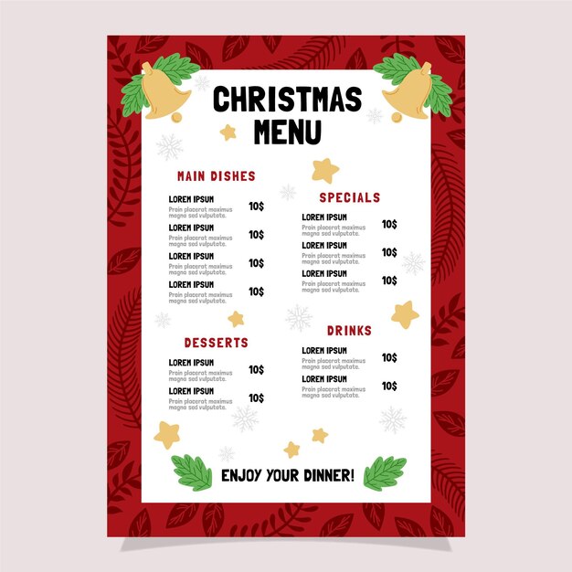 Plantilla de menú de navidad dibujada a mano