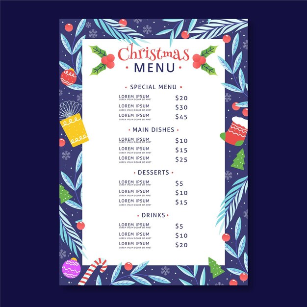 Plantilla de menú de navidad dibujada a mano