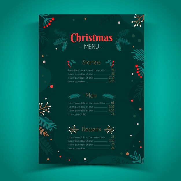 Plantilla de menú de navidad dibujada a mano
